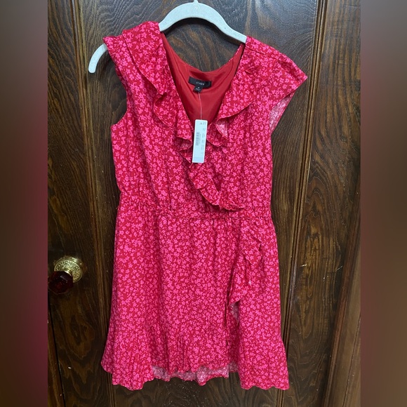🆕J. Crew-Red & Pink V-Neck Floral Ruffled Faux Wrap Dress NWT, Size 6, lined - Picture 4 of 10